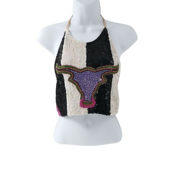 Rare TIALS Sequin Bull GOD Halter Neck Crop Top - Picture 1 of 6